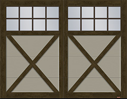 Porte de garage de style champêtre, modèle Princeton P-21, 9' x 7', porte Argile et moulures Noyer chocolaté Faux bois avec fenêtre Panoramique 8 carreaux